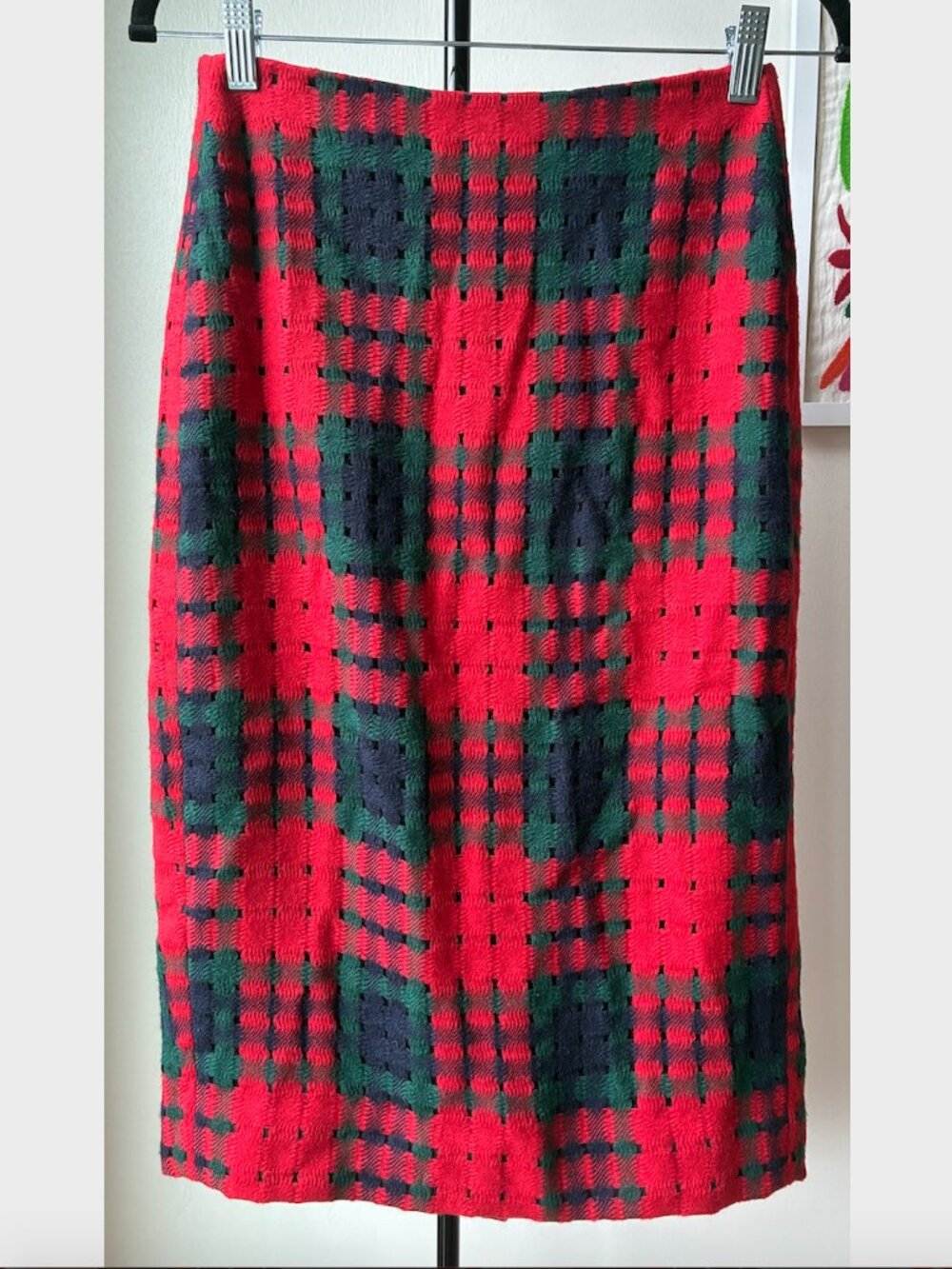 J. Crew Lattice Wool Knit Red and Green Midi Pencil Skirt - Size 0